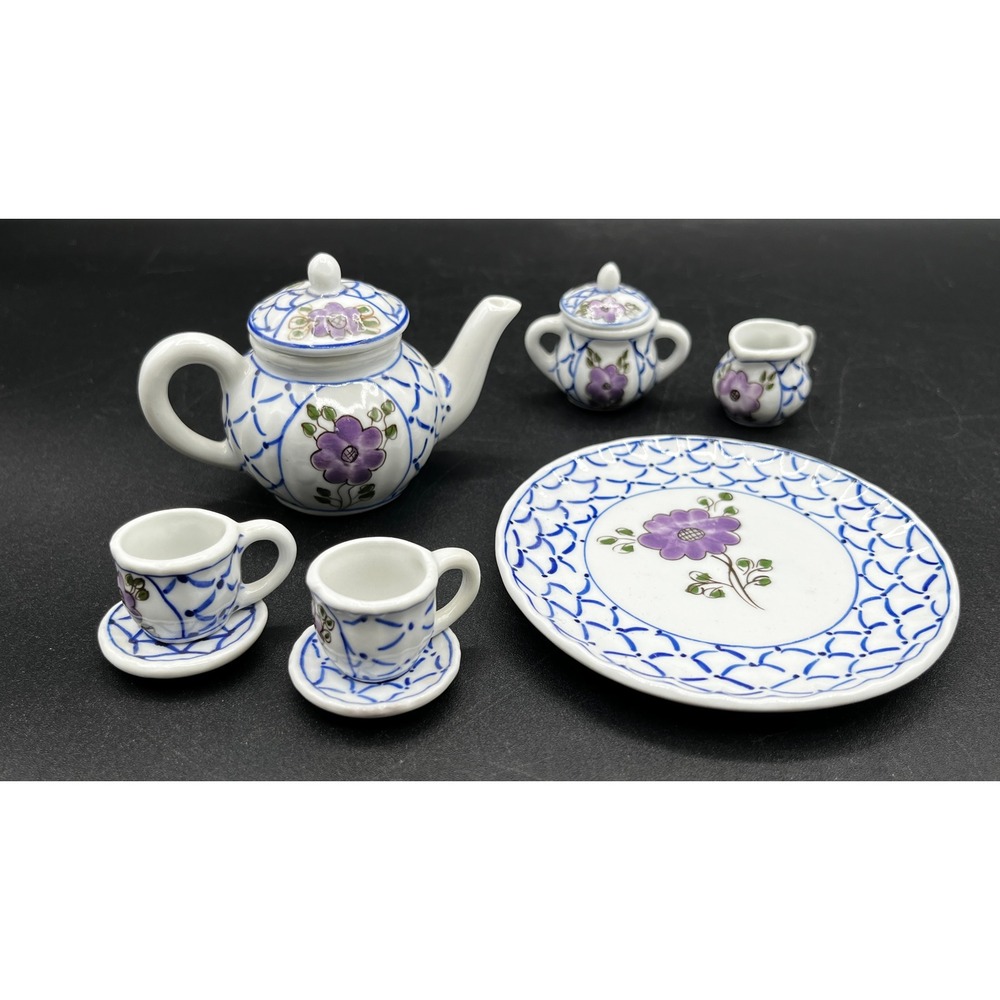 Porcelain Miniature Tea Set Purple Floral Blue Lattice 10 Pc Dollhouse Decor Vtg